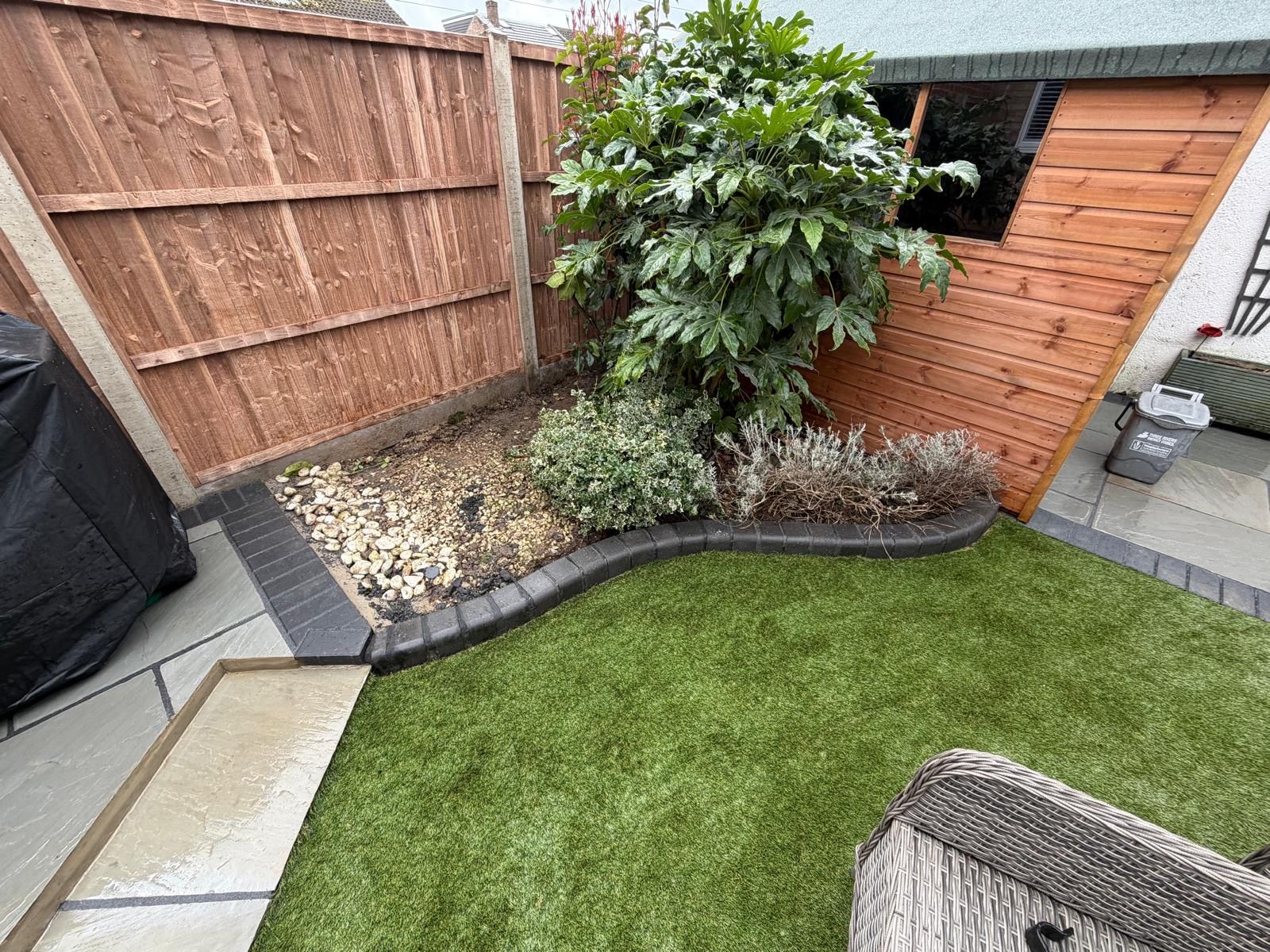 Finished patio, lawn and rear corner of Laura's garden